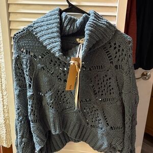 POL Women's Textured Knit Cowl Sweater in Blue